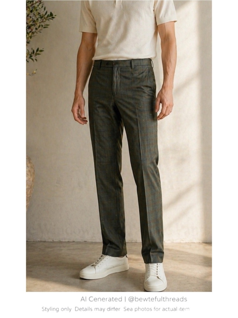 Olive Windowpane Tailored Pants Mens 34 Minimalist Euro Golfcore